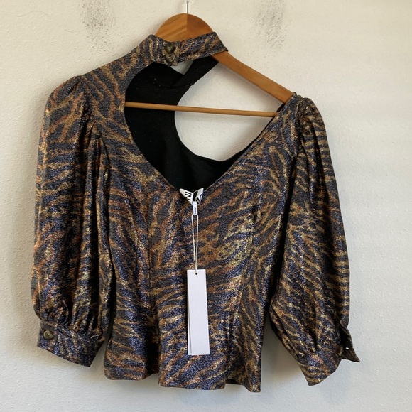Ganni Women’s Tiger-Print Puff-Sleeve Lurex-Knit Top Size 2 - Picture 5 of 8